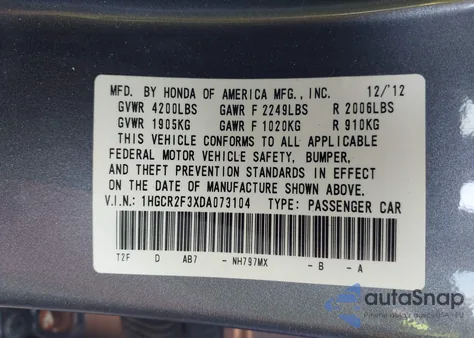 2013 Honda Accord Lx from USA, damaged, VIN 1HGCR2F3XDA073104